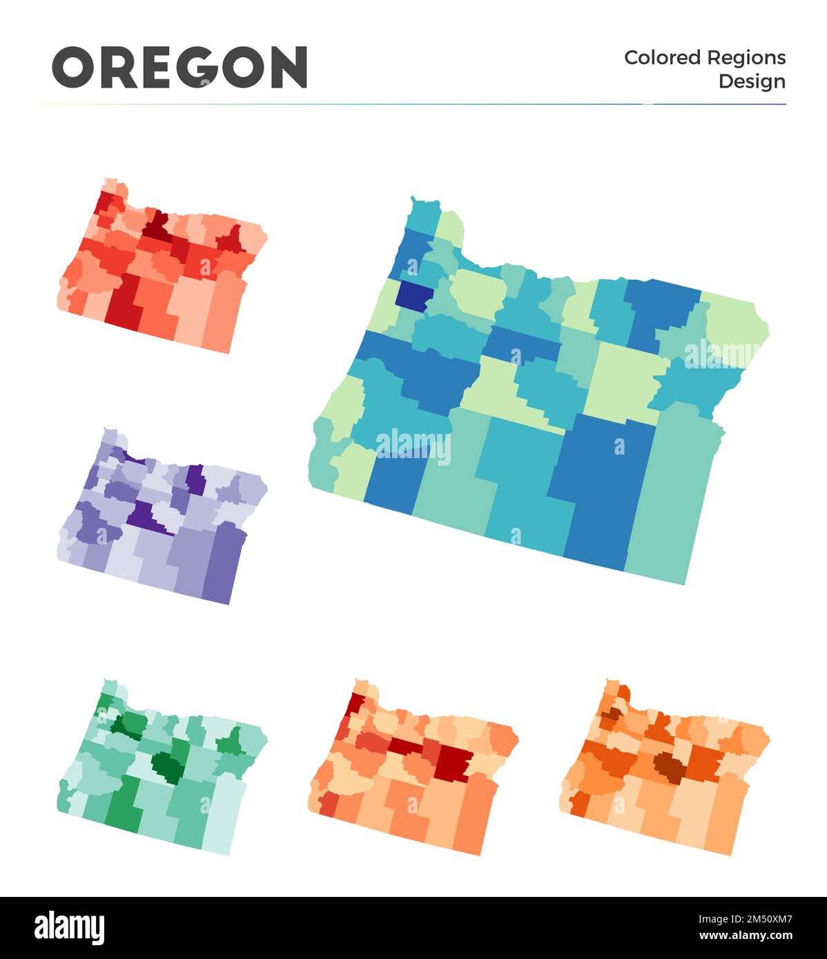Collezione di mappe dell'Oregon. Confini dell'Oregon per la tua infografica. Regioni a colori degli Stati Uniti. Illustrazione vettoriale. Illustrazione Vettoriale
