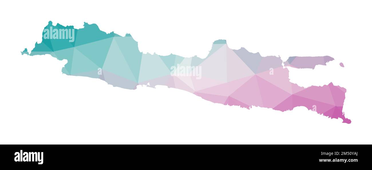 Mappa poligonale di Java. Illustrazione geometrica dell'isola in colori smeraldo e ametista. Mappa Java in basso stile poli. Illustrazione Vettoriale