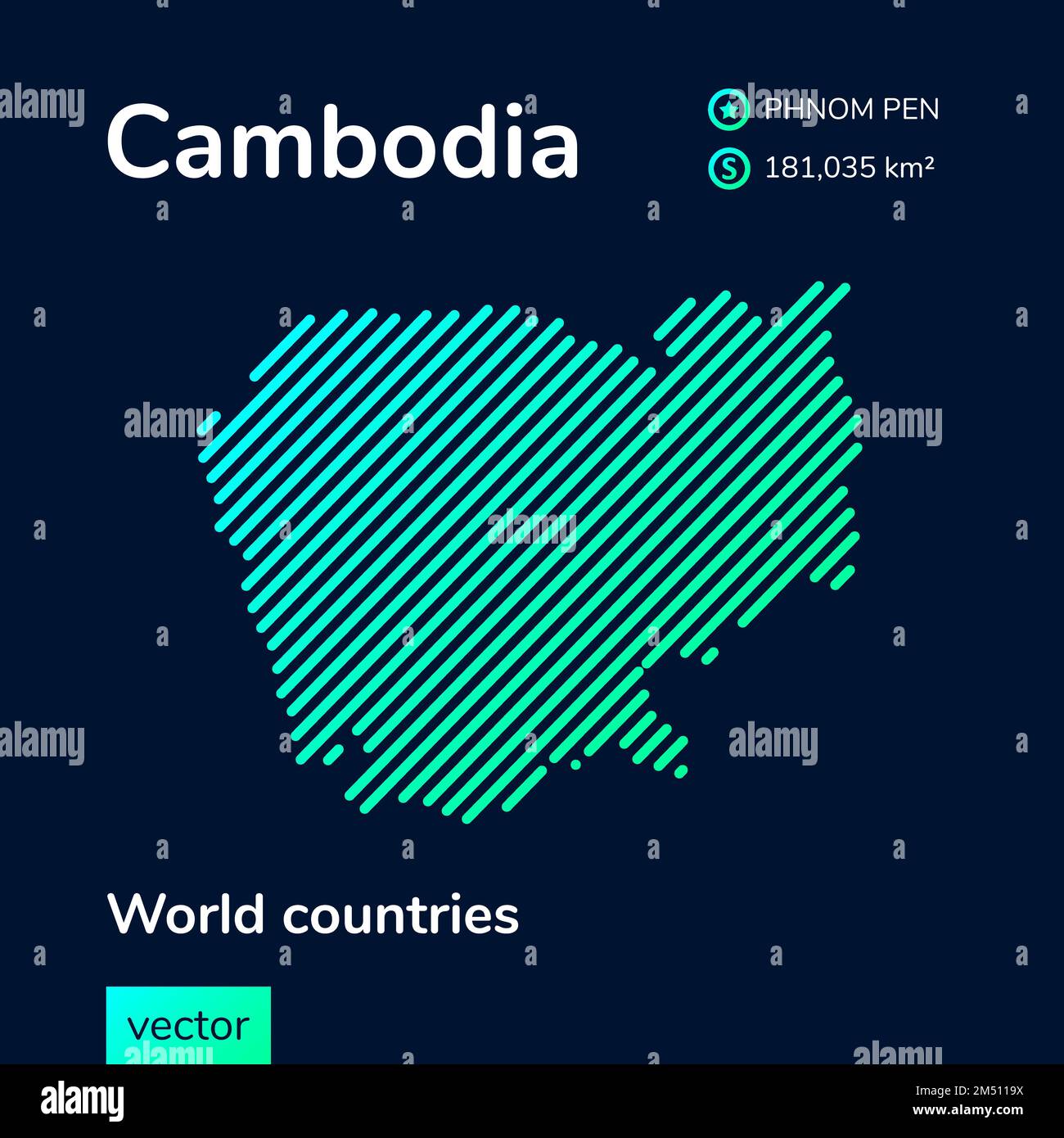 Vettore creativo digitale neon linea piatta arte astratta semplice mappa della Cambogia con verde, menta, turchese a righe texture su sfondo blu scuro. Educato Illustrazione Vettoriale