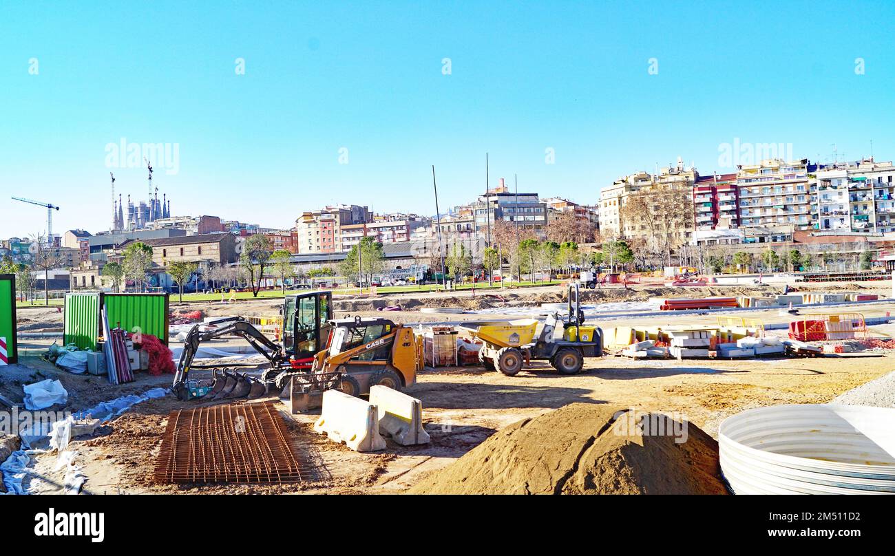 Opere di decostruzione della circonvallazione della Plaza de Les Glories Catalanes a Barcellona, Catalogna, Spagna, Europa Foto Stock