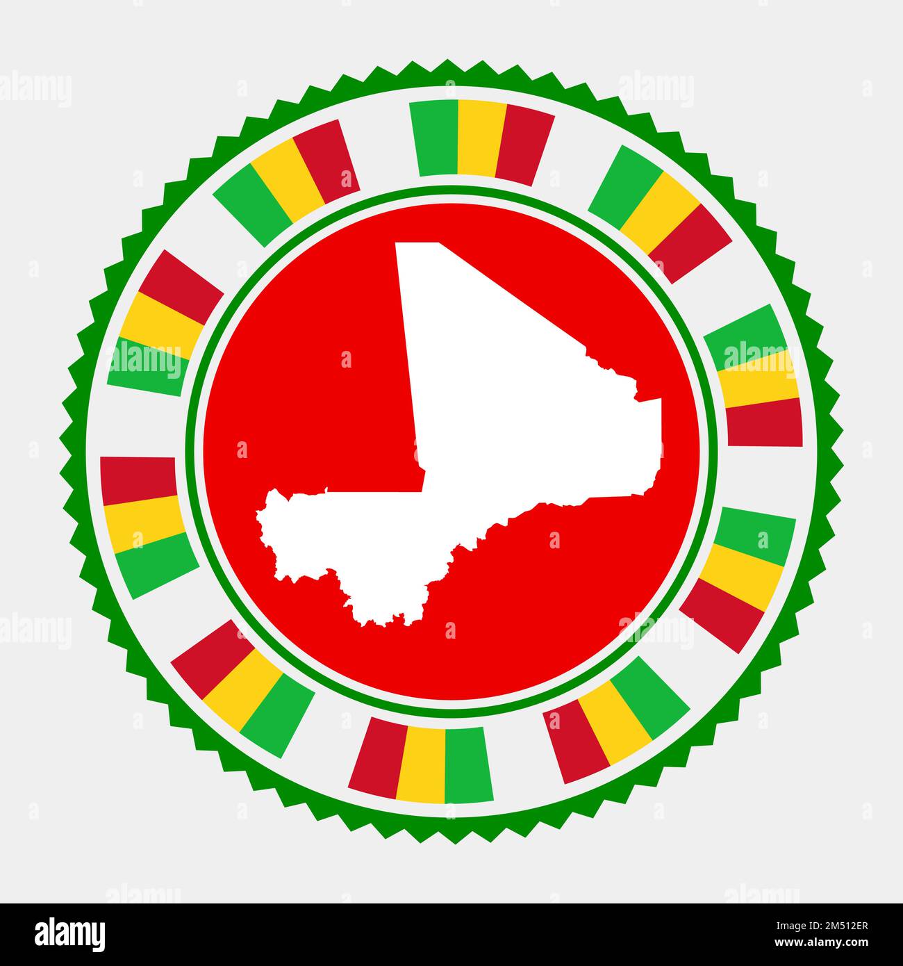 Francobollo piatto Mali. Logo rotondo con mappa e bandiera del Mali. Illustrazione vettoriale. Illustrazione Vettoriale