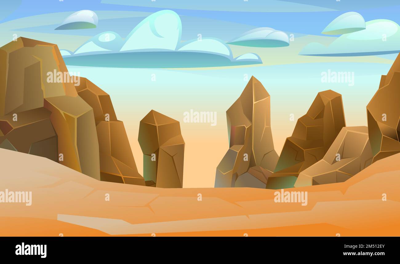 Rocce pietra scogliere. Paesaggio montagnoso. Deserto naturale di terra. Illustrazione stile cartone animato. Vettore. Illustrazione Vettoriale