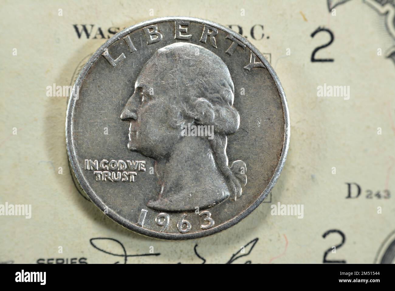 La moneta americana del quarto del dollaro, 25 venticinque centesimi la serie 1963 caratterizza George Washington, il padre fondatore e 1st presidente degli Stati Uniti di A. Foto Stock
