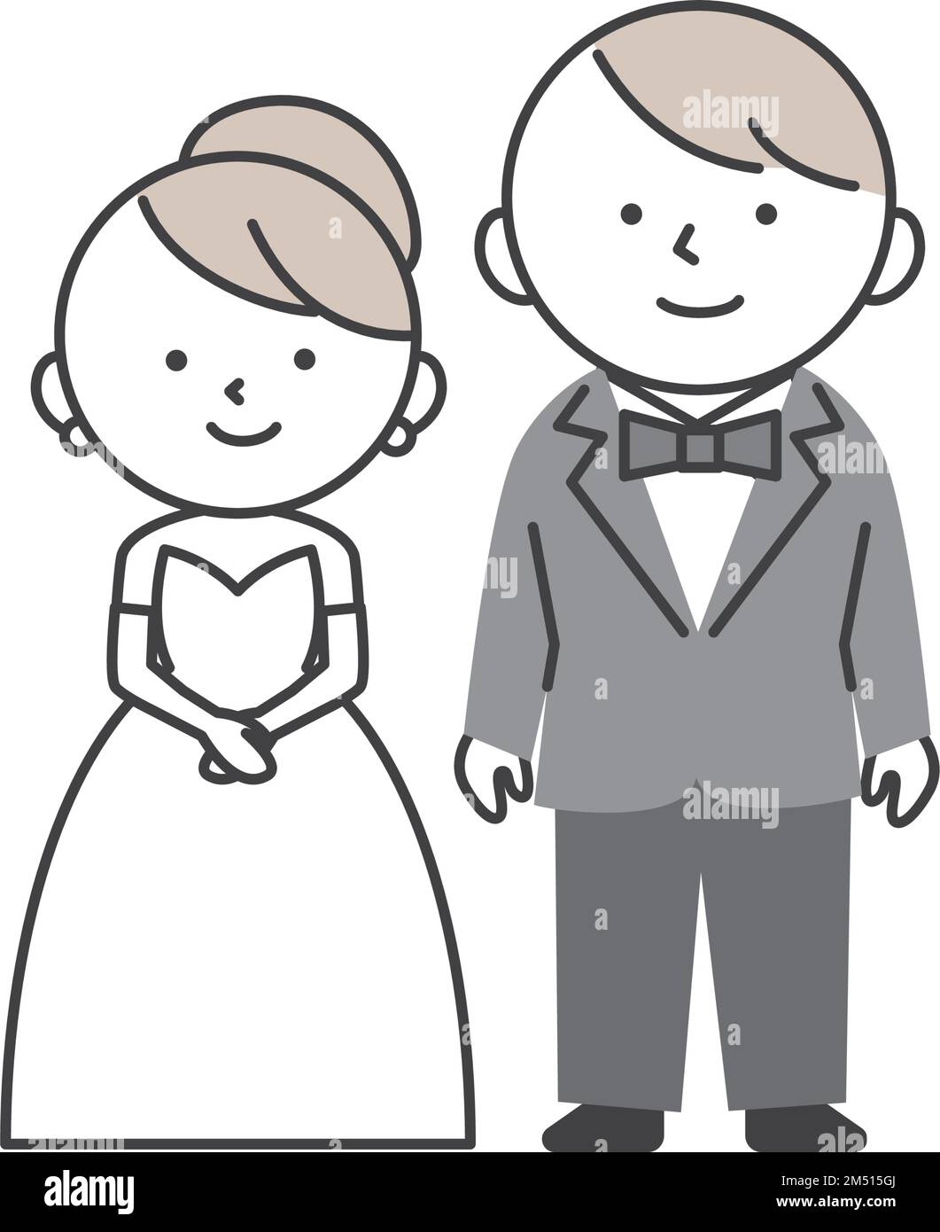 Sposa e sposo al matrimonio. Sposi in tuxedo e sposa in abito da sposa in piedi fianco a fianco. Illustrazione Vettoriale