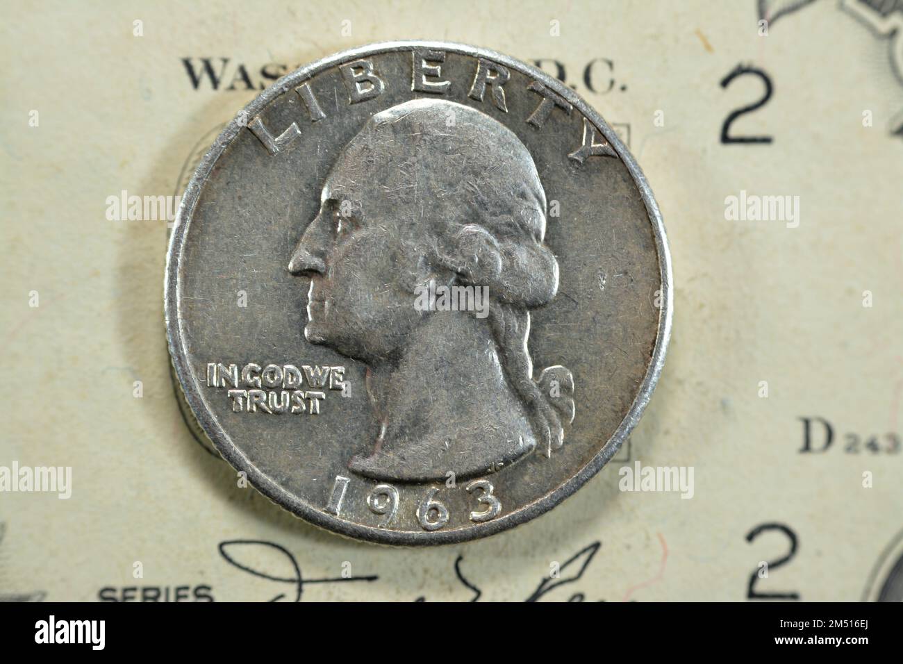 La moneta americana del quarto del dollaro, 25 venticinque centesimi la serie 1963 caratterizza George Washington, il padre fondatore e 1st presidente degli Stati Uniti di A. Foto Stock