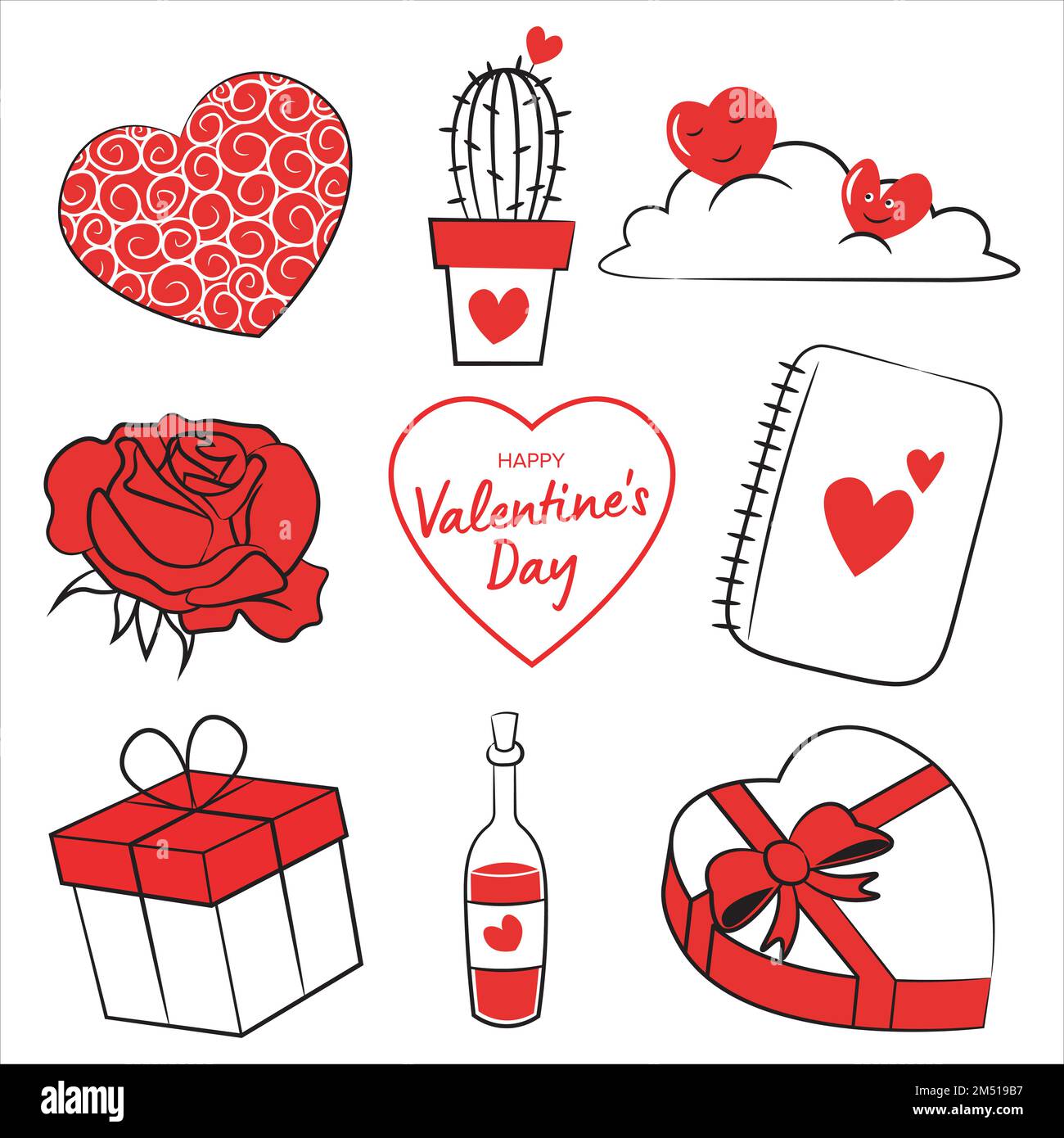 set di elementi felici di san valentino, cuori, cuori sulla nuvola, rosa, notebook, confezione regalo, bottiglia di vino, cactus Illustrazione Vettoriale