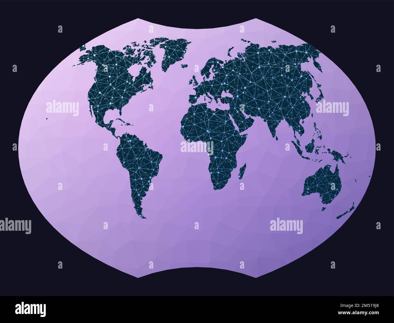 Mappa del mondo con nodi. Proiezione Ginzburg vi. Mappa della rete mondiale. Globo cablato in proiezione Ginzburg 6 su sfondo geometrico a basso contenuto di poli. Illustrazione Vettoriale