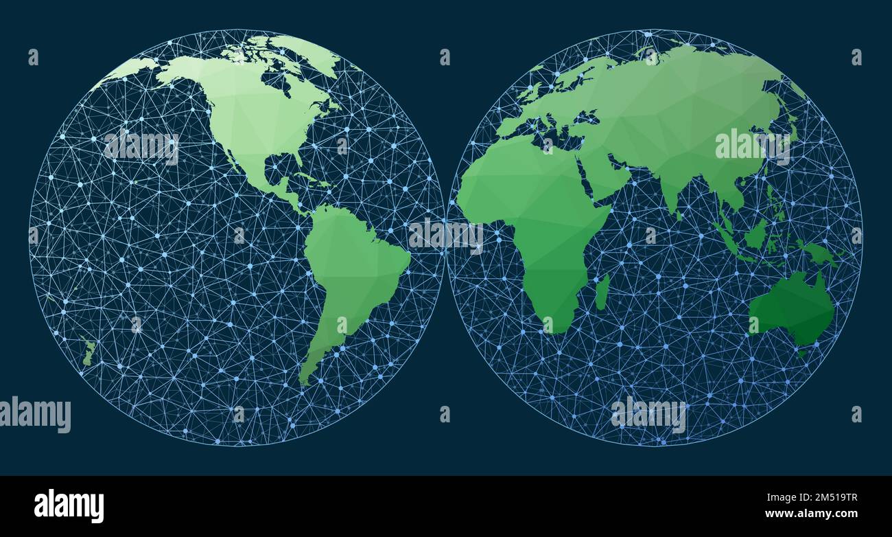 Concetto di business globale su Internet. Proiezione degli emisferi Mollweide interrotta. Mappa verde a basso contenuto di poli con sfondo di rete. Illustrazione Vettoriale