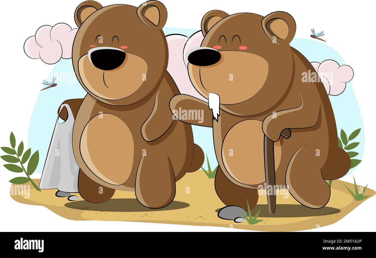 Carino cucciolo di orso su una passeggiata con nonno su un prato verde Illustrazione Vettoriale
