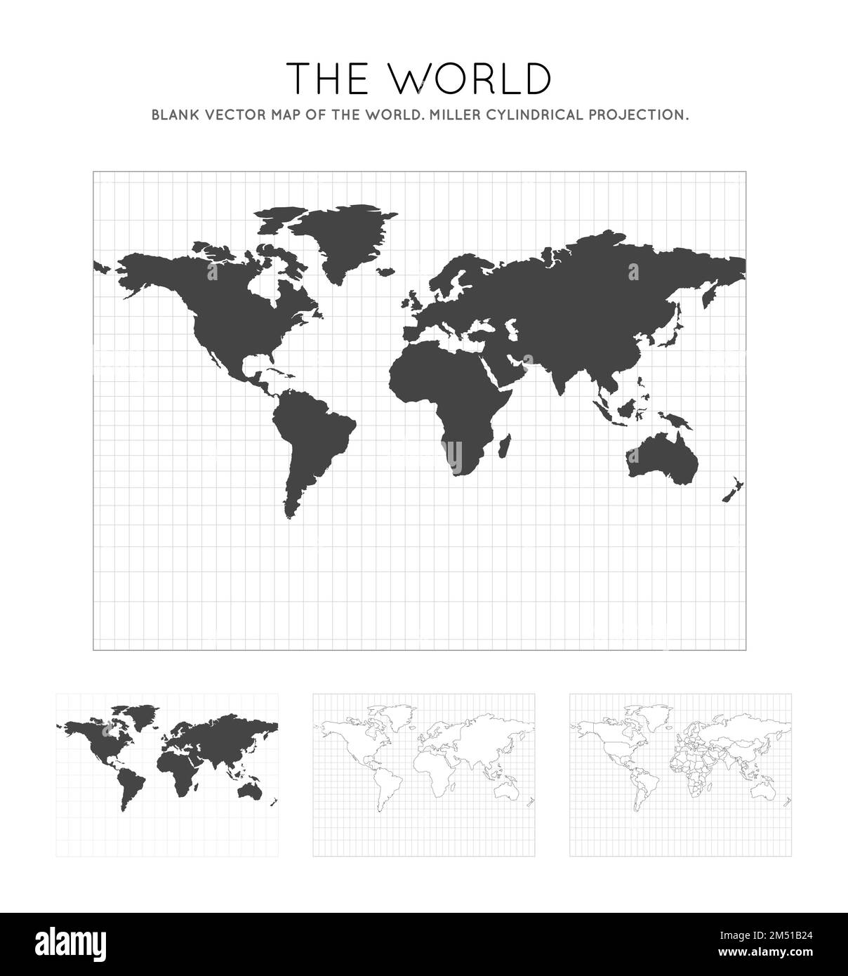 Mappa del mondo. Proiezione cilindrica Miller. Globo con linee di latitudine e longitudine. Mappa mondiale su meridiani e paralleli sfondo. Vettore illu Illustrazione Vettoriale