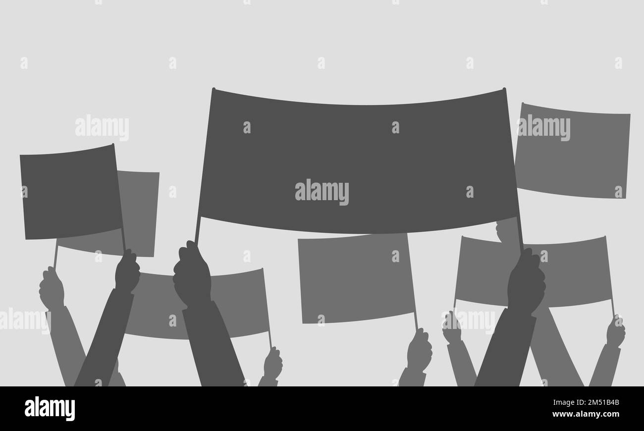 Folla di manifestanti. Silhouette di mani persone con banner Illustrazione Vettoriale