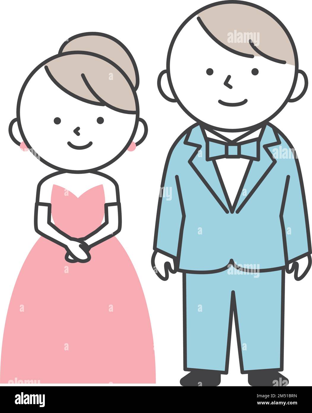 Sposa e sposo al matrimonio. Indossa il tuxedo e sposa in abito rosa affiancato. Illustrazione Vettoriale