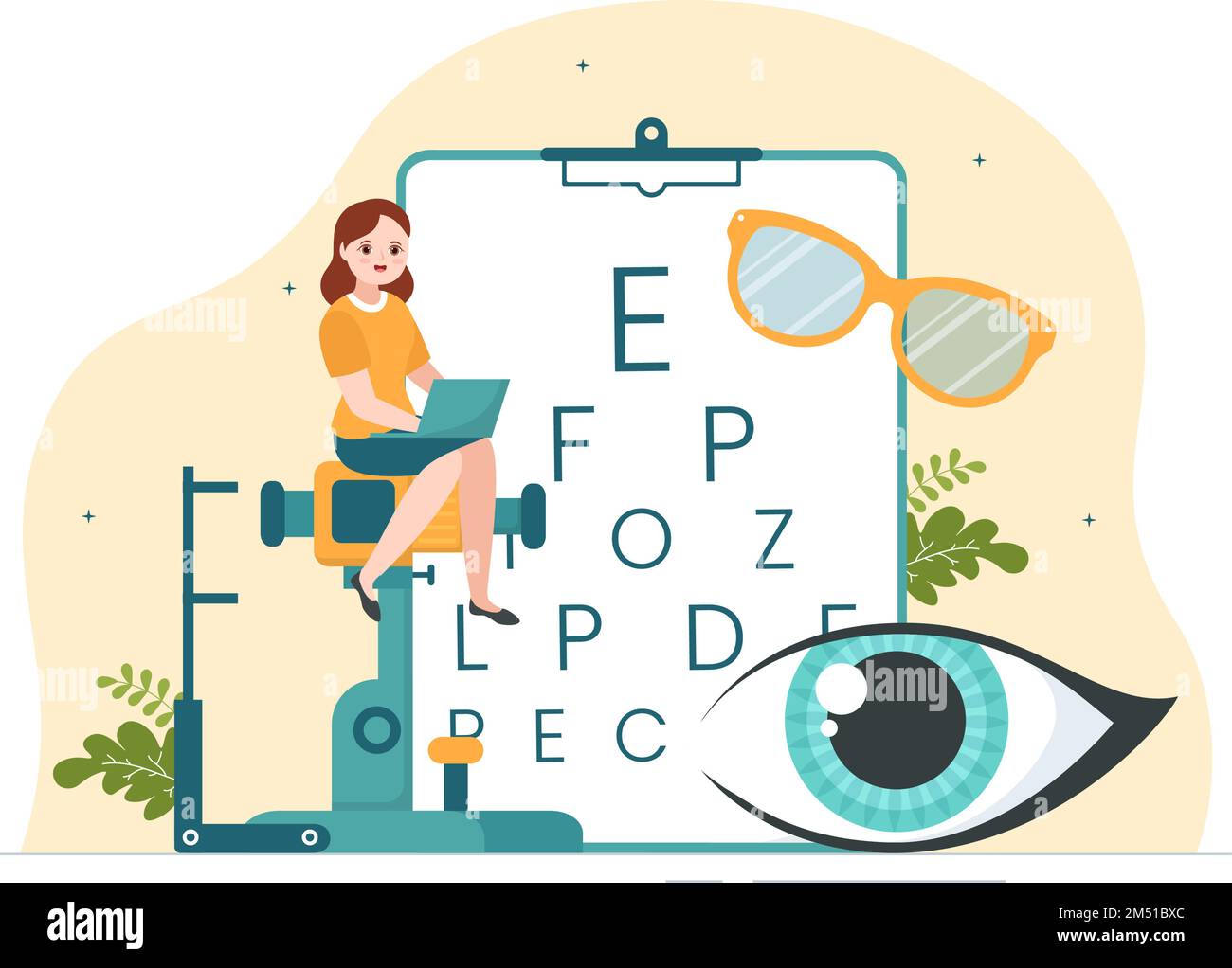 Optometrista con oftalmologo Controlla la vista del paziente, il test ottico degli occhi e la tecnologia degli occhiali in Cartoon piano modelli disegnati a mano Illustrazione Illustrazione Vettoriale