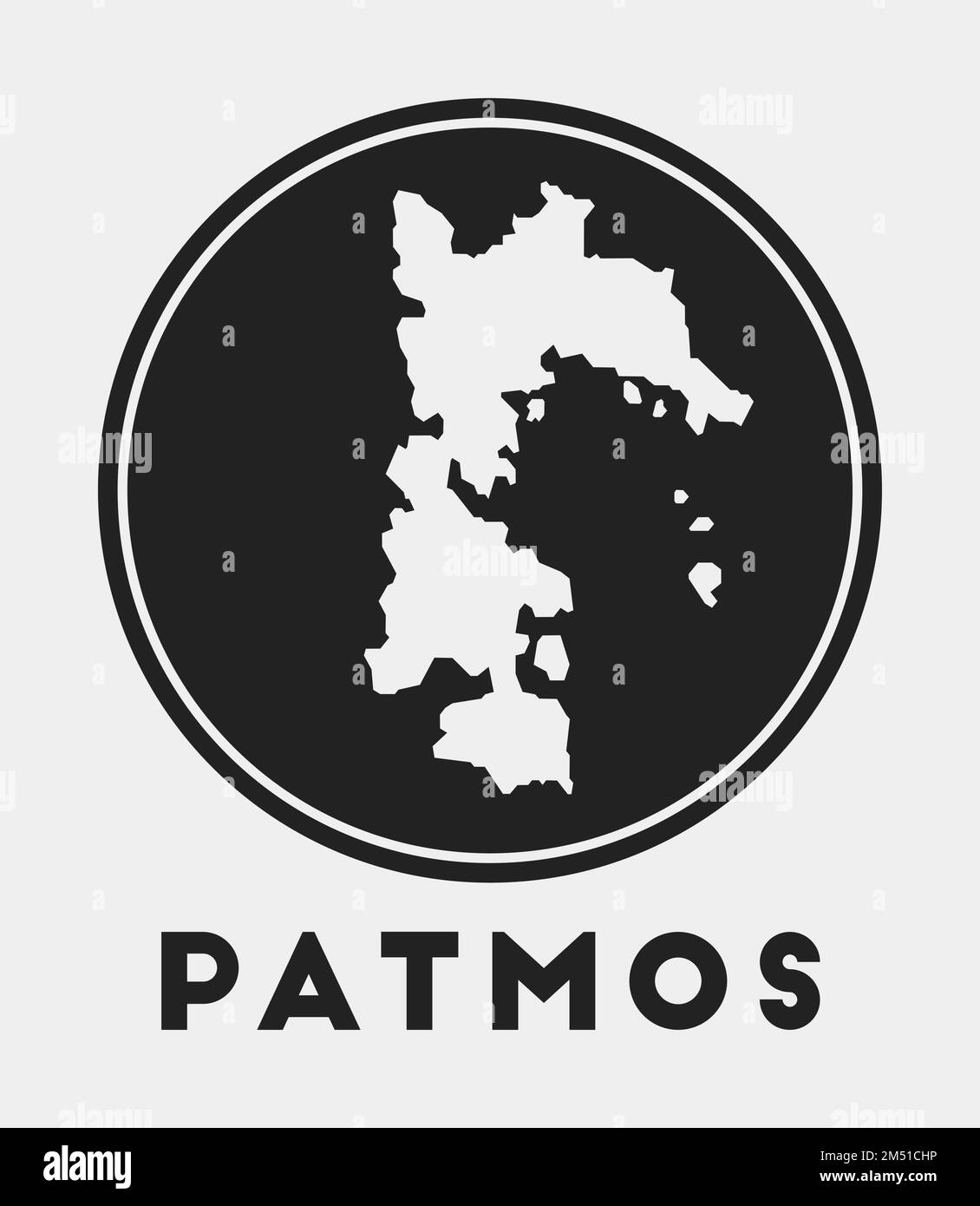 Icona di Patmos. Logo rotondo con mappa dell'isola e titolo. Elegante distintivo Patmos con mappa. Illustrazione vettoriale. Illustrazione Vettoriale