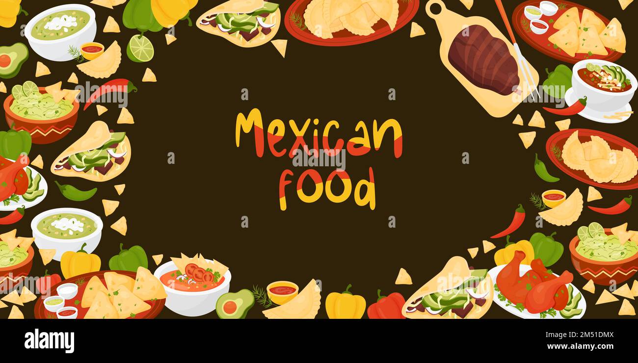 Poster orizzontale cibo messicano. Piatti latinoamericani Quesadilla, Taco, guacamole con nachos, zuppa di pomodoro e zuppa verde, Empanadas, Achiote messicano C. Illustrazione Vettoriale Poster orizzontale cibo messicano. Piatti latinoamericani Quesadilla, Taco, guacamole con nachos, zuppa di pomodoro e zuppa verde, Empanadas, Achiote messicano C. Illustrazione Vettoriale