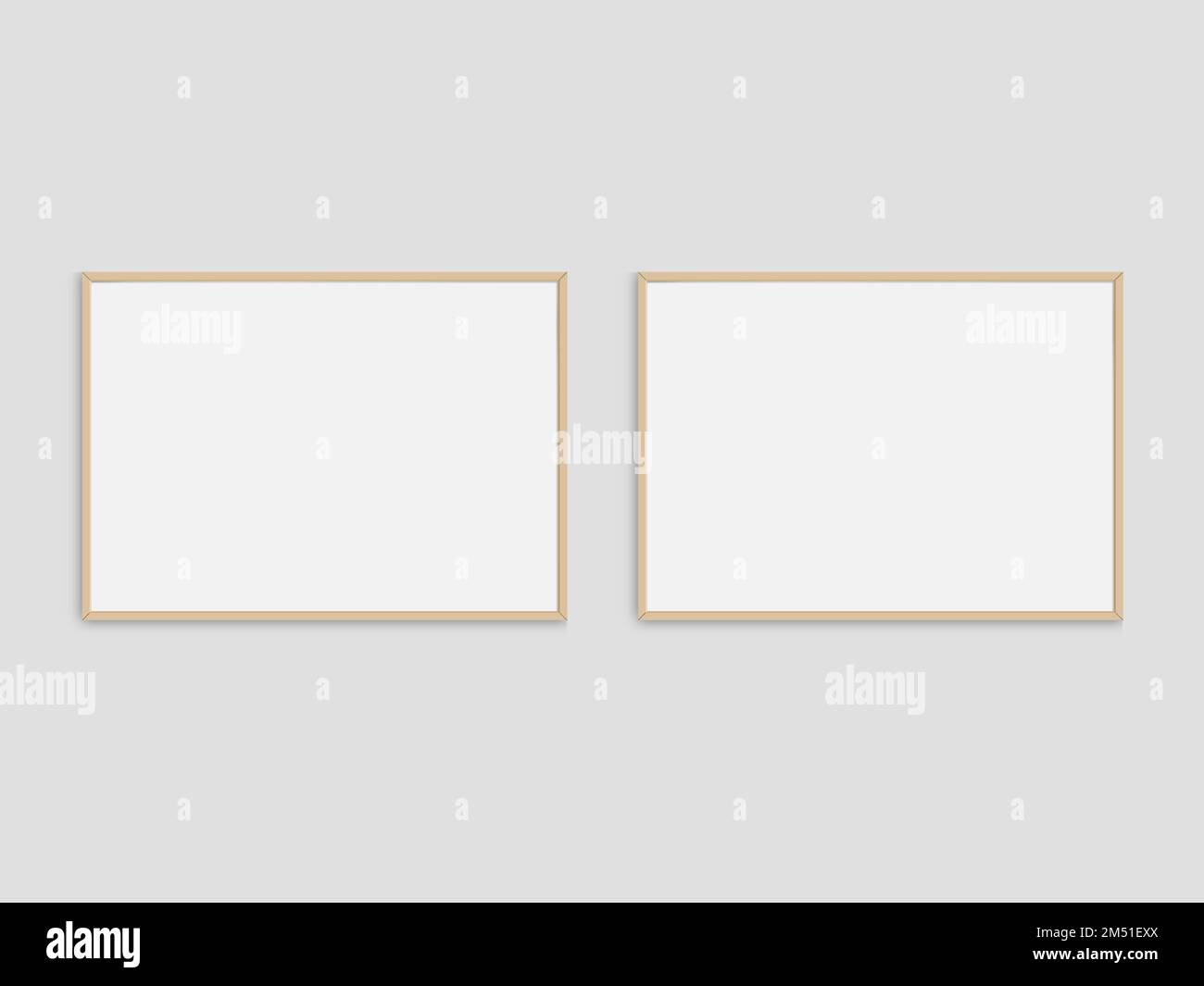 Set di 2 cornici fotografiche realistiche mockup. Paesaggio A3, A4 mockup telaio in legno su bianco muro vuoto. Struttura semplice, pulita, moderna e minimale Foto Stock