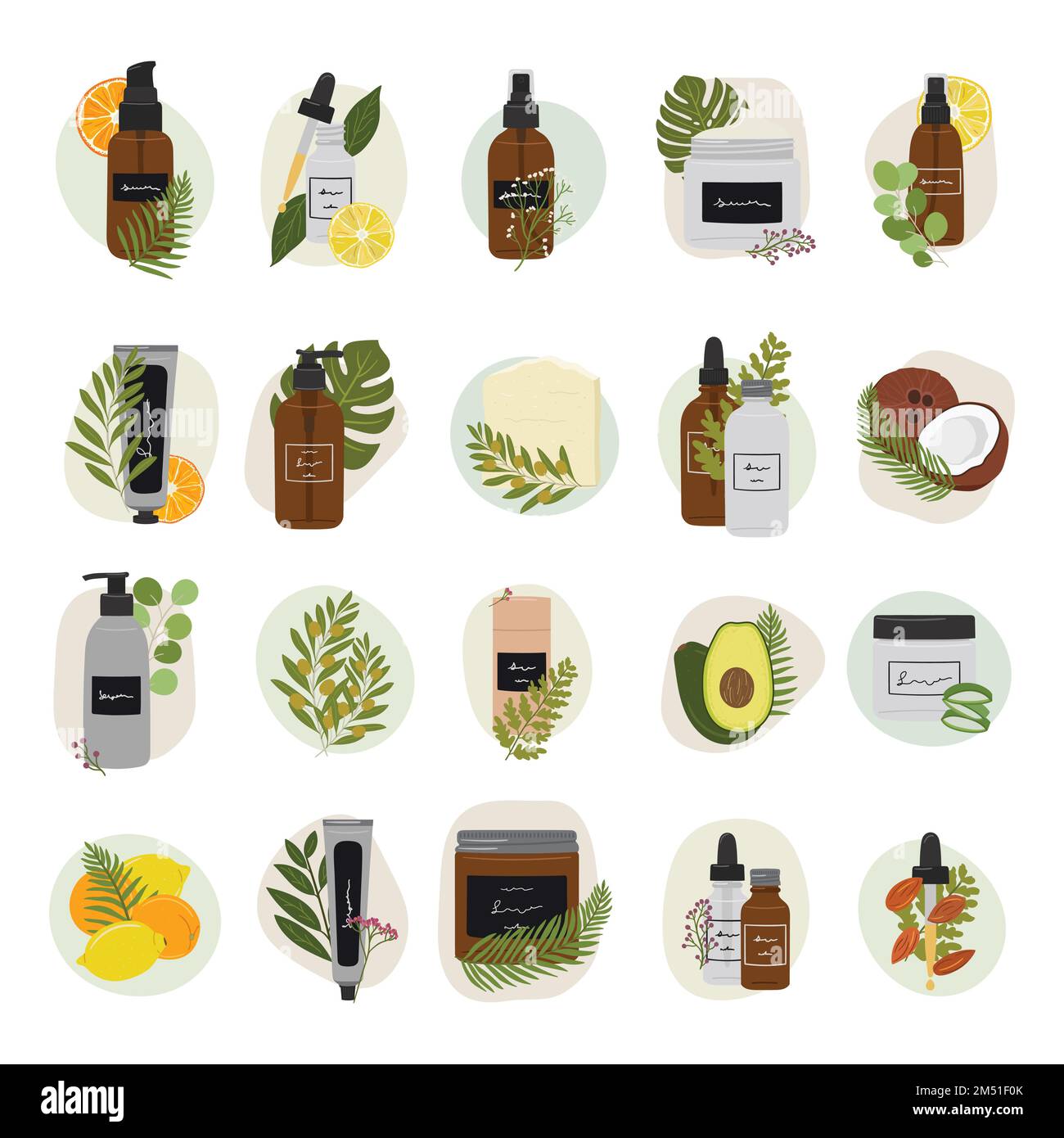 Set di composizioni con prodotti cosmetici biologici in bottiglia, vasetti per la cura della pelle con forma astratta e verde per i momenti salienti dei social media. Mano d Illustrazione Vettoriale