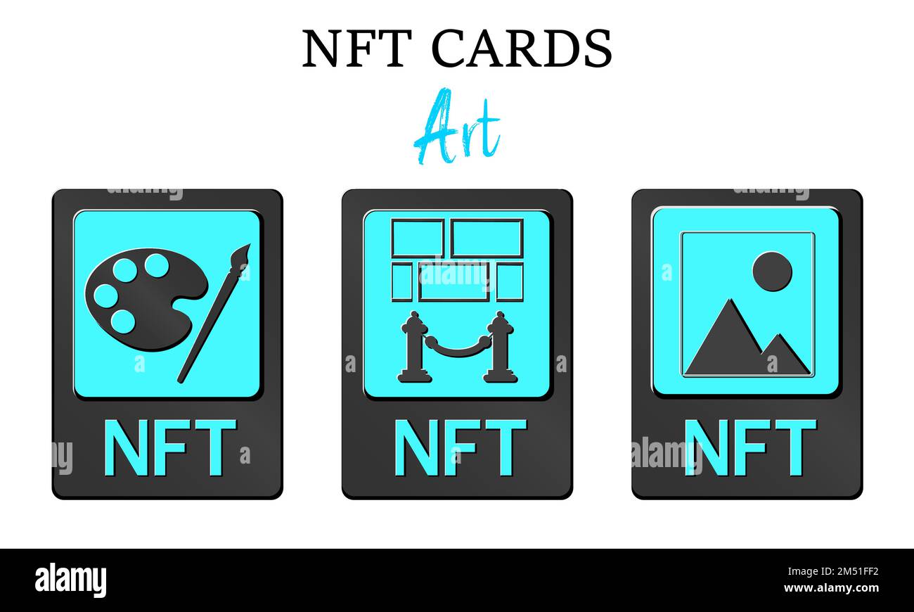 3D schede token NFT in crittografia. Schede NFT con art. Un token non fungibile con informazioni dalla blockchain. ERC20. eps vettore 10 Illustrazione Vettoriale