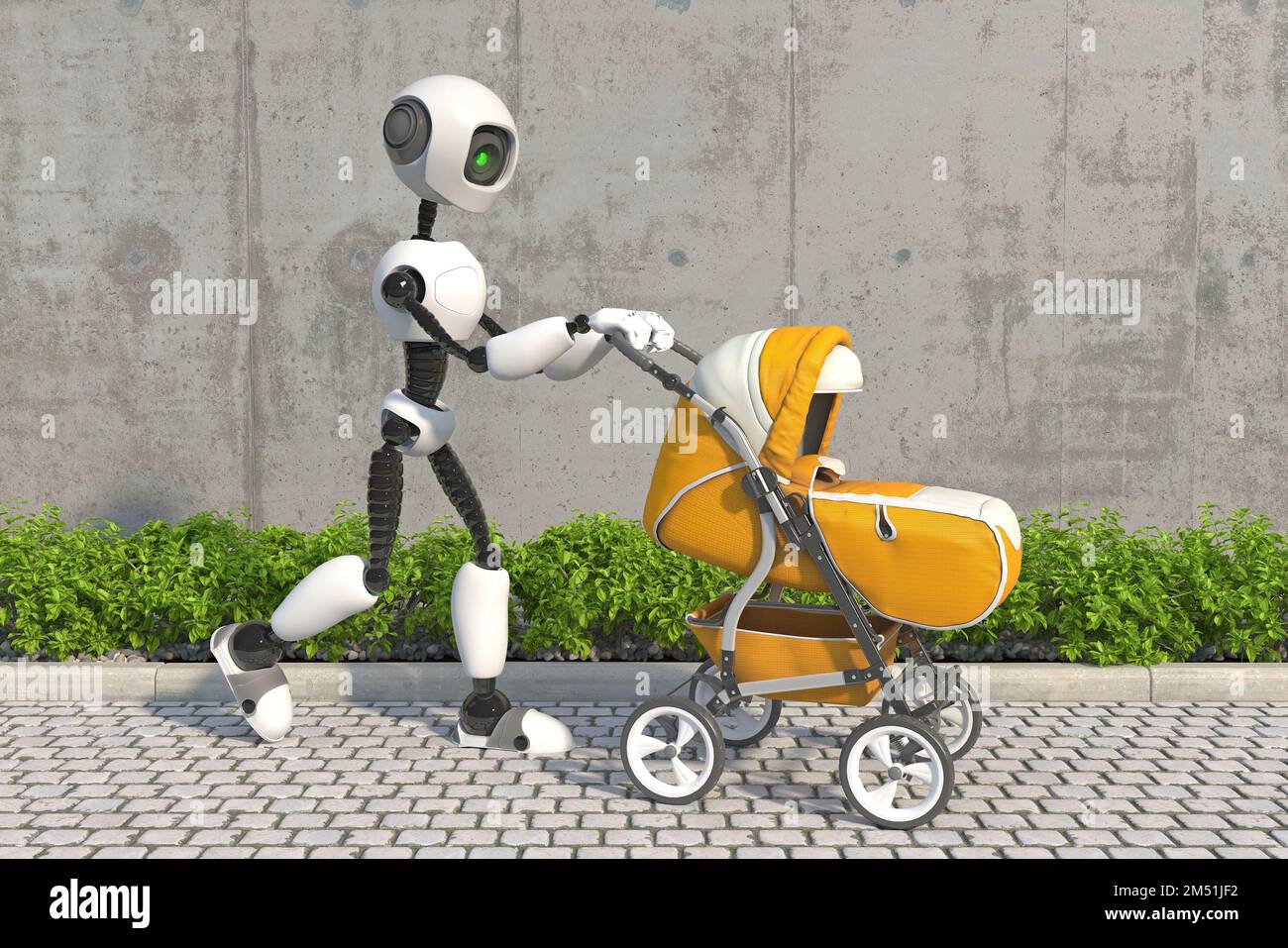 Un robot umanoide cammina per strada con un bambino in un passeggino giallo. Concetto futuro con robotica intelligente e intelligenza artificiale. Rendering 3D Foto Stock