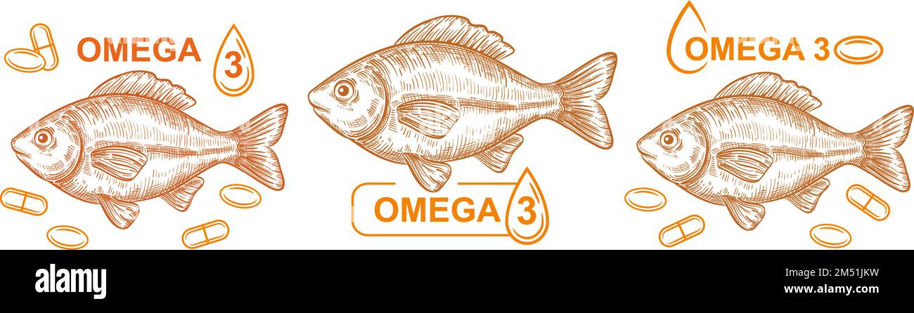 Olio di pesce Omega 3 capsula pillola di vitamina, frutti di mare, compresse di acidi grassi medici, dieta alimentare mare supplemento linea icona set. Carne grassa. Vettore nutrizionale sano Illustrazione Vettoriale