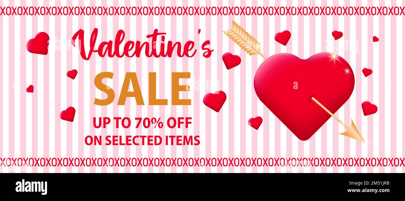 Promozione sconto San Valentino promozione design banner. Una freccia dorata di Cupido che spara un cuore rosso. Il concetto di promozione degli acquisti e degli sconti Illustrazione Vettoriale