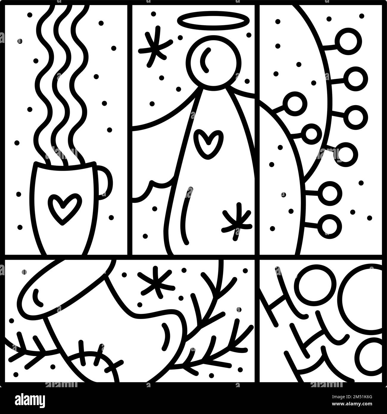 Vector Christmas logo avvento composizione agrifoglio, ghirlanda, abete e neve. Costruttore monolino invernale disegnato a mano in cornice quadrata per salutare Illustrazione Vettoriale