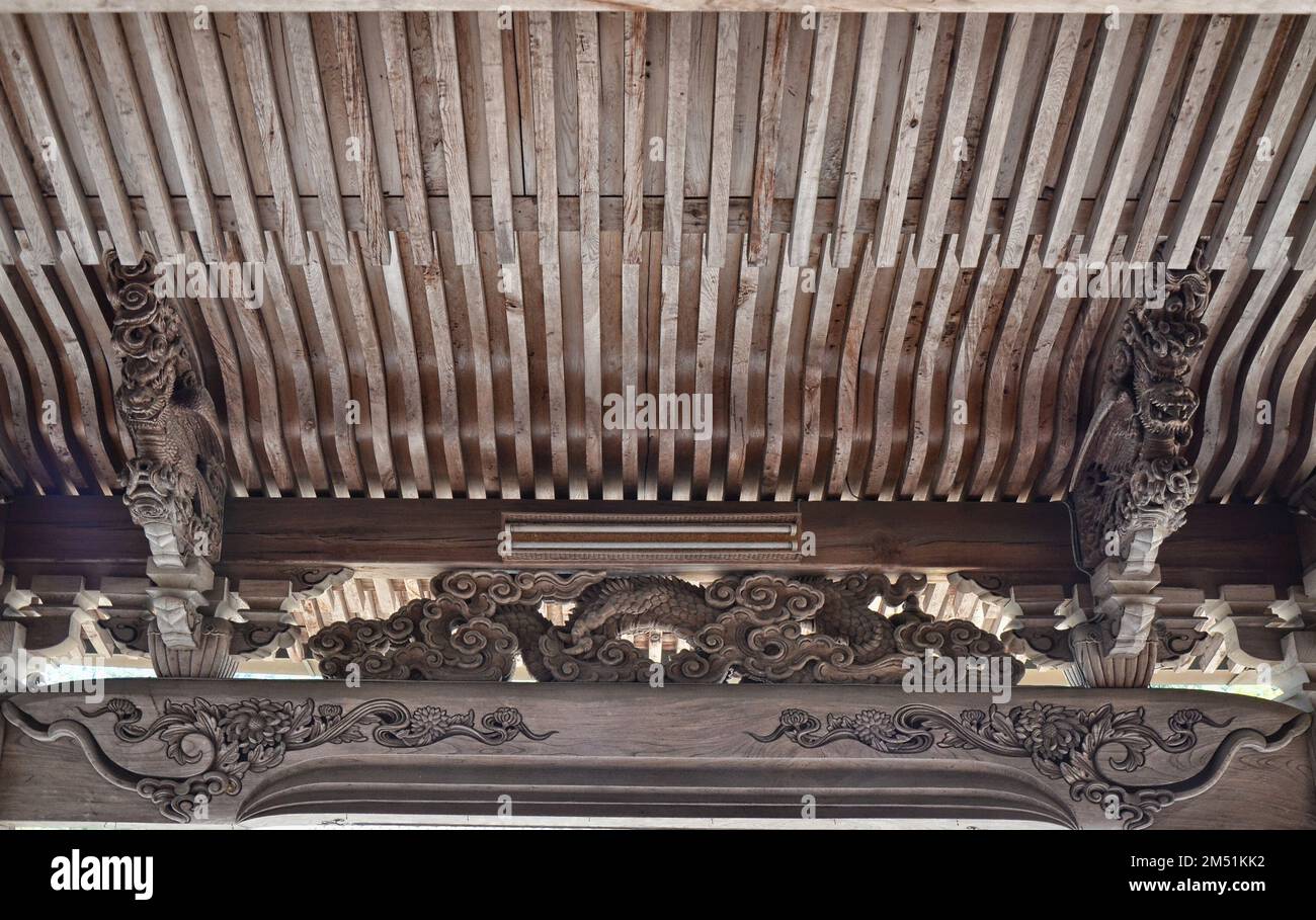 Lavorazione del legno al tempio di Daisho-in, isola di Miyajima, Itsukushima, Giappone. Foto Stock