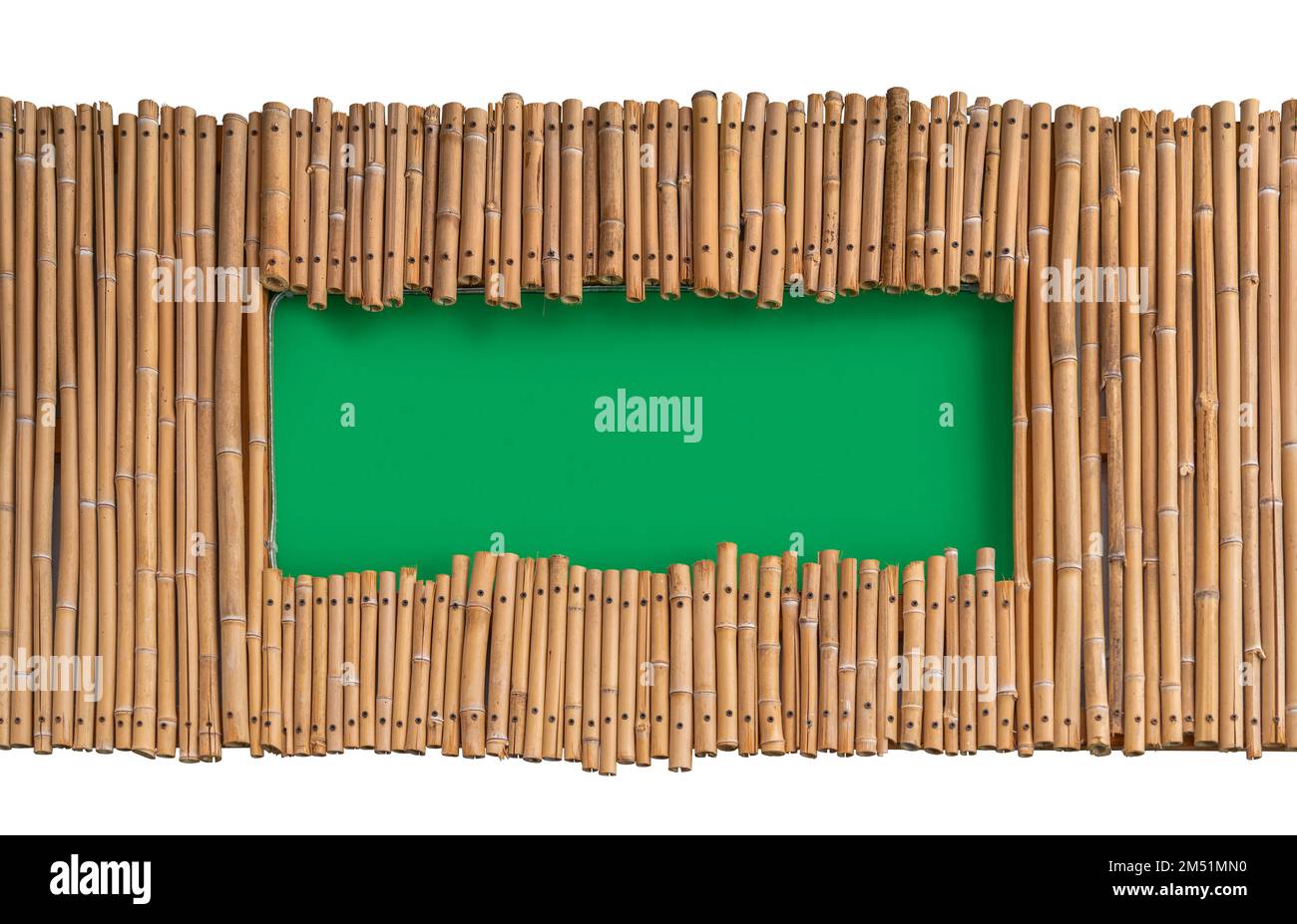Area verde circondata da un sacco di bastoni di bambù isolati nella parte posteriore bianca Foto Stock