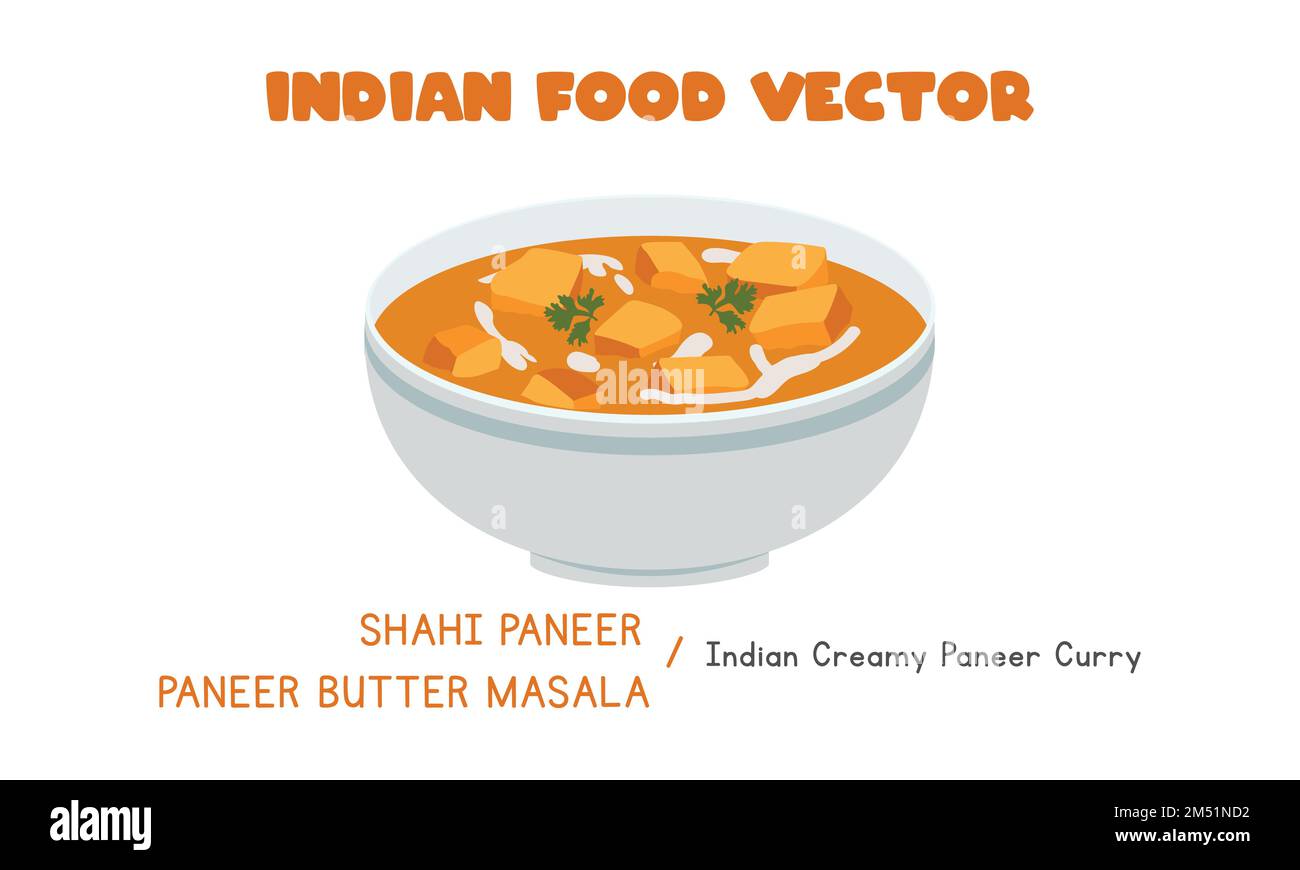 Shahi Paneer indiano o Paneer burro Masala - indiano cremoso Paneer Curry disegno piano vettoriale illustrazione, clipart cartone animato. Cibo asiatico. Cucina indiana Illustrazione Vettoriale