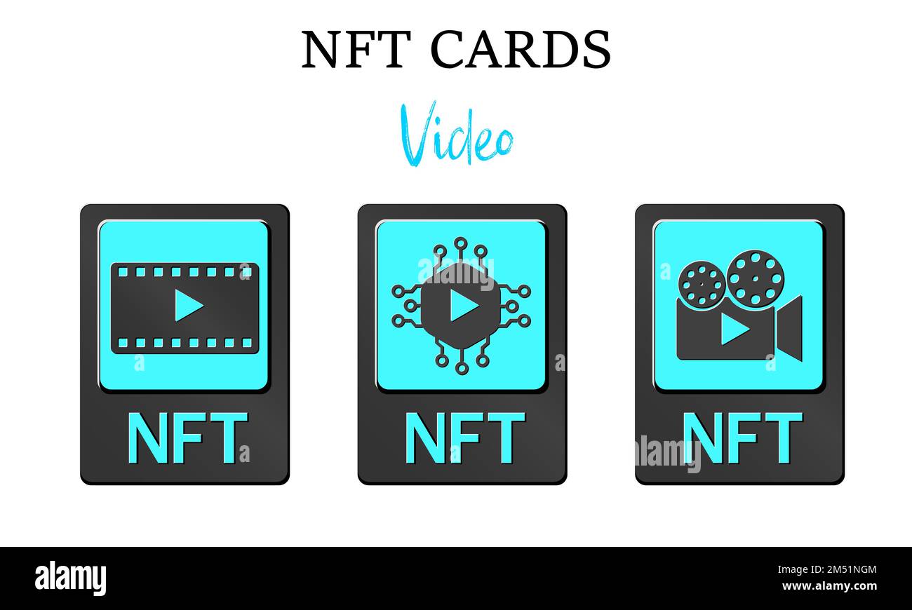 3D schede token NFT in crittografia. Schede NFT con video. Un token non fungibile con informazioni dalla blockchain. ERC20. eps vettore 10 Illustrazione Vettoriale