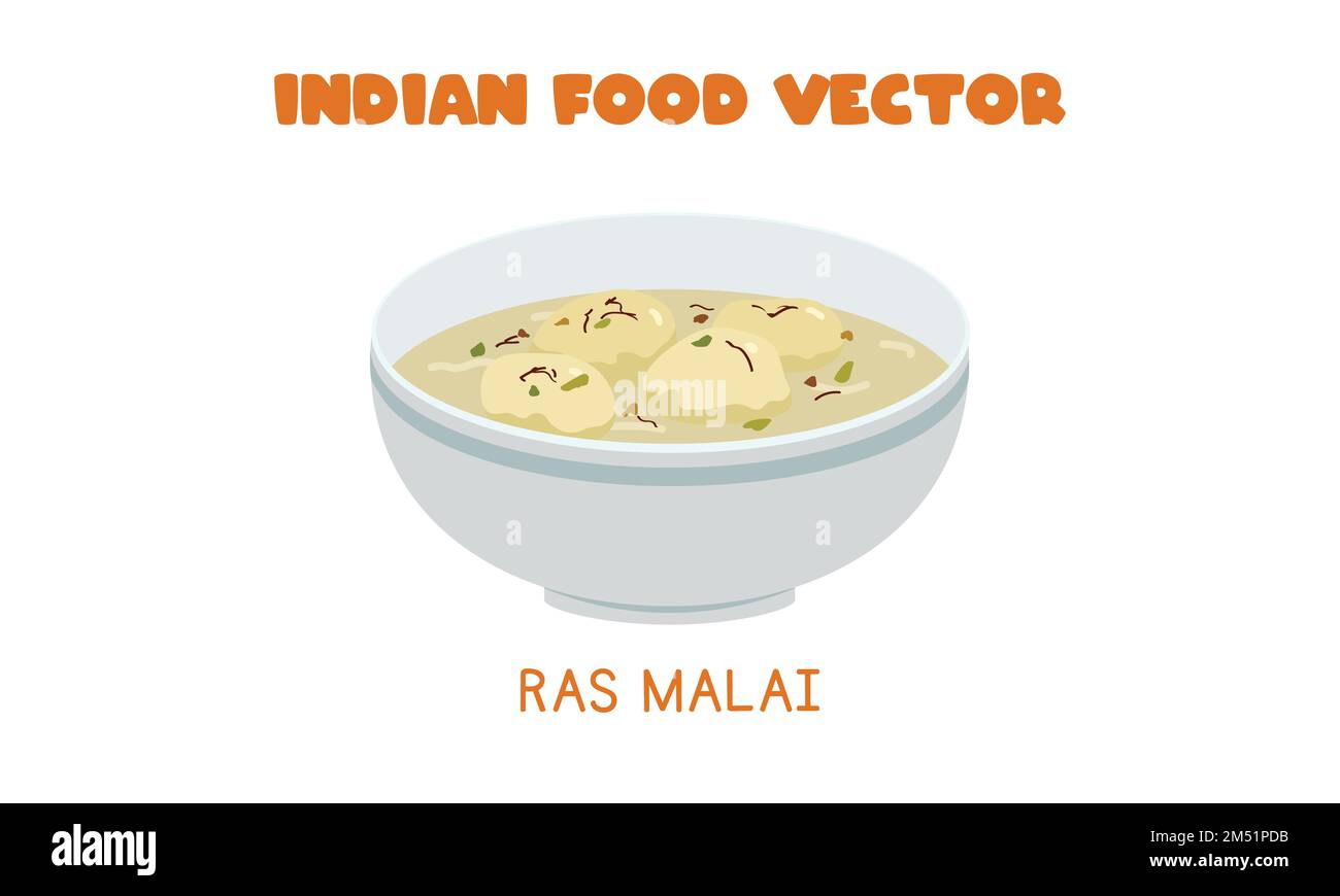 Illustrazione del vettore piatto indiano Ras Malai o Rossomalai isolato su bianco. RAS Malai clipart cartone animato. Cibo asiatico. Cucina indiana. Cucina indiana concetto Illustrazione Vettoriale