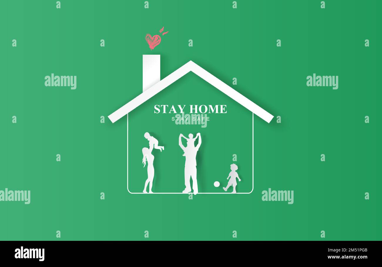 Rimani a casa su ambiente ecologico background.Stay sicuro con l'icona di casa contro virus.Happy famiglia concetto di quarantena e rimanere a casa. Consapevolezza COVID-19 Illustrazione Vettoriale
