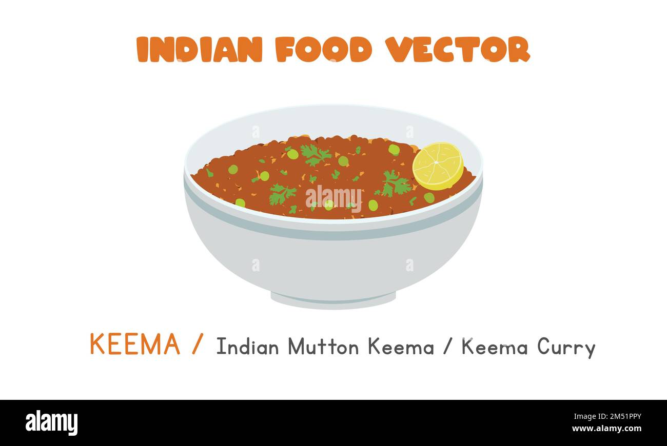 Illustrazione del vettore piatto di Keema indiano isolata su cartoni animati di clipart di sfondo bianco. Cibo asiatico. Cucina indiana. Cibo indiano Illustrazione Vettoriale