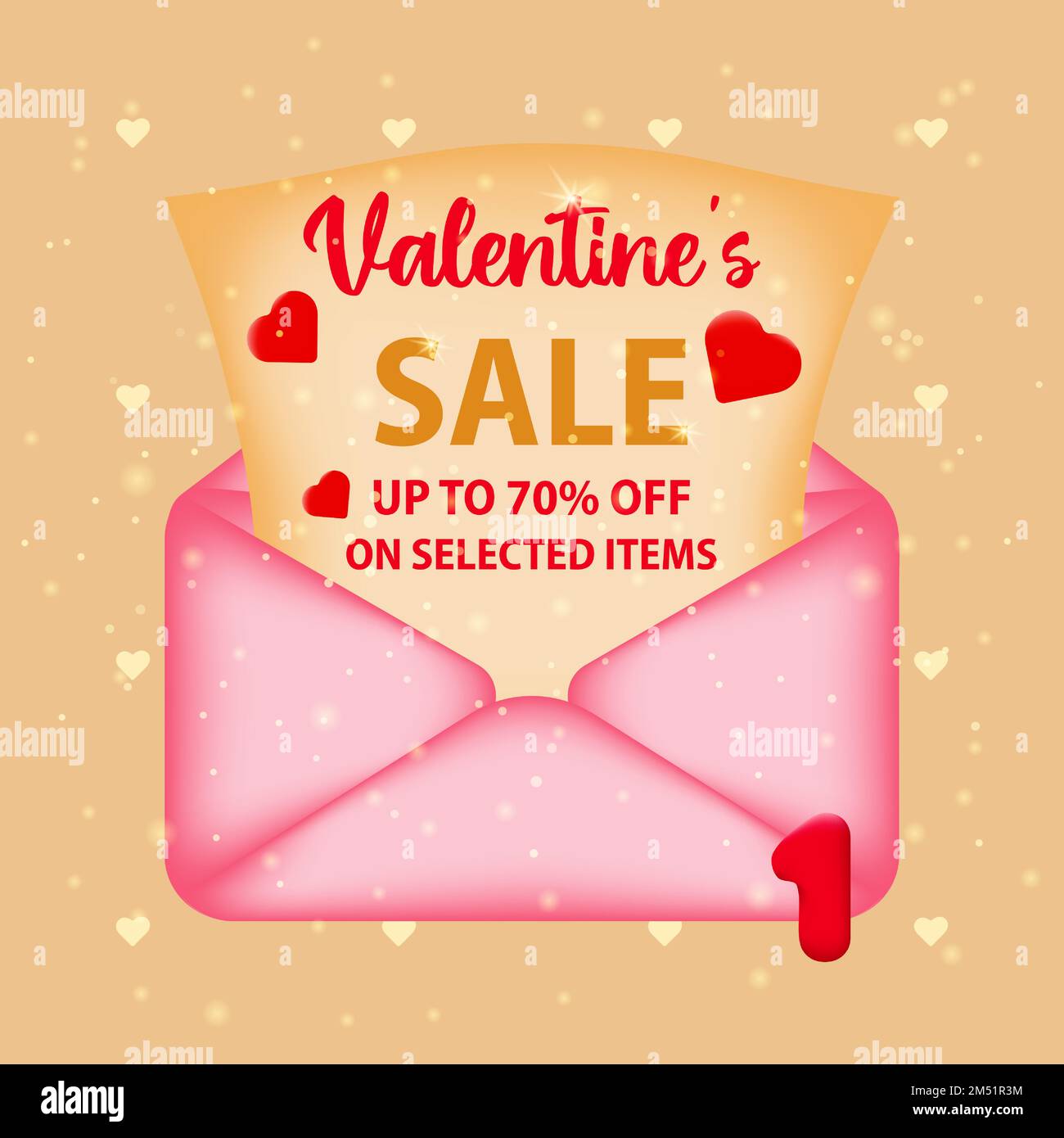 Sconto background promozionale per San Valentino. Un poster con un nuovo messaggio e-mail con sconti su articoli selezionati. Concetto di promozione dell'acquisto Illustrazione Vettoriale