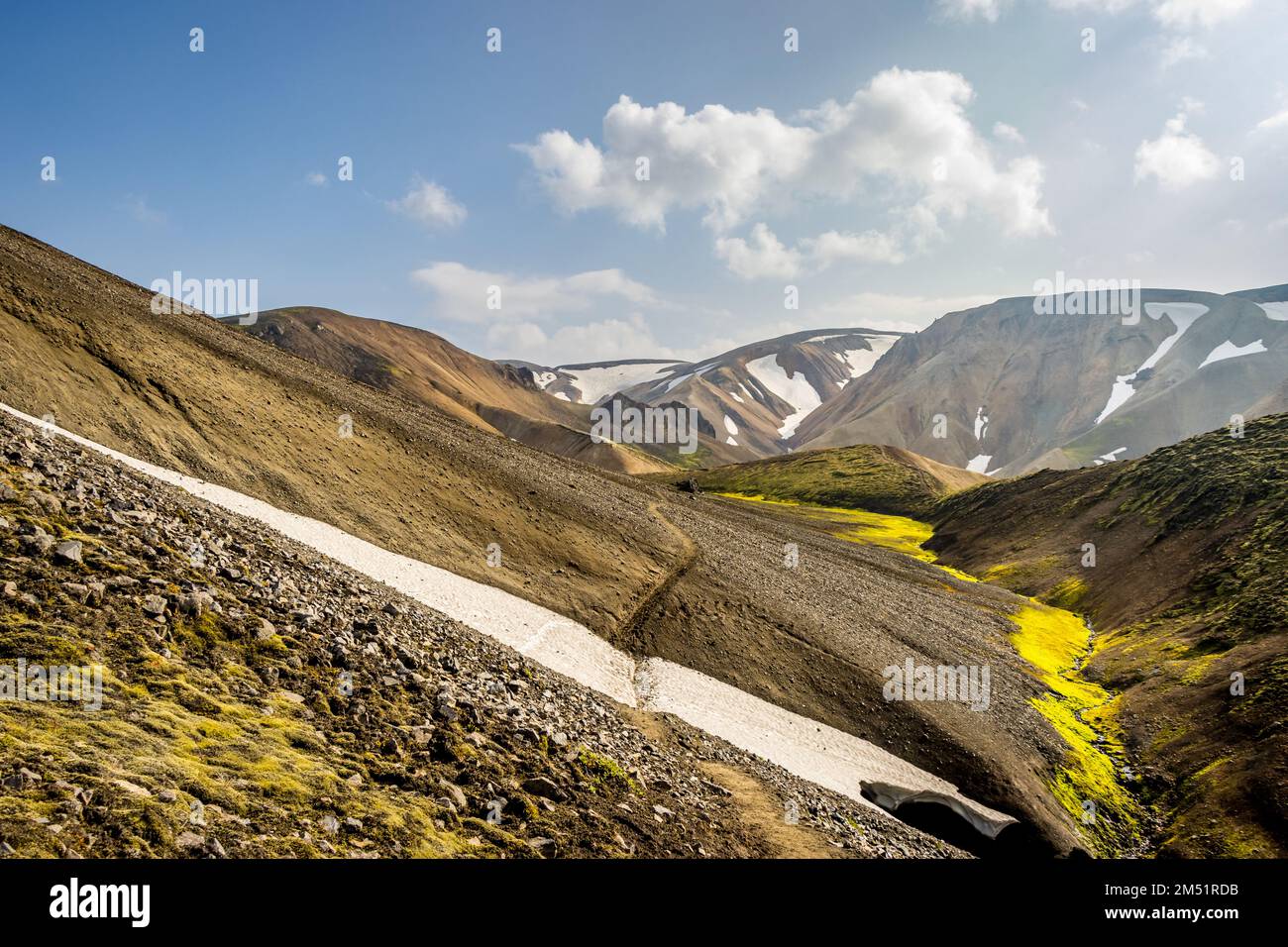 Escursioni nelle Montagne colorate, Green Moss, piscine geotermiche, bella valle del vulcano delle Highlands di Landmannalaugar, Islanda Foto Stock