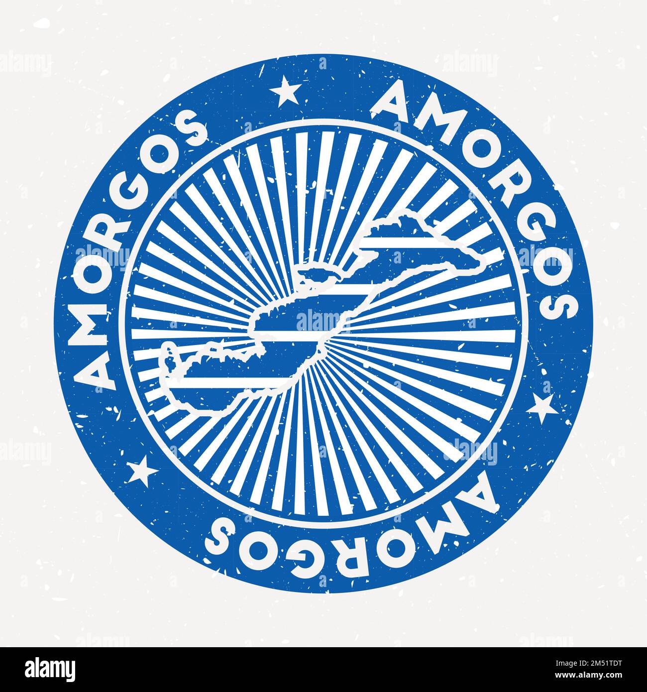 Francobollo rotondo Amorgos. Logo dell'isola con bandiera. Badge vintage con testo circolare e stelle, illustrazione vettoriale. Illustrazione Vettoriale