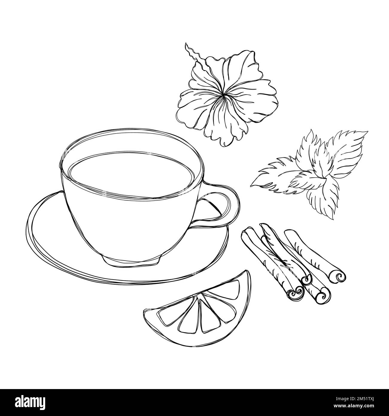 Collezione di tè - una tazza di tè con limone, foglie di menta, cannella e ibisco, Line Art Foto Stock