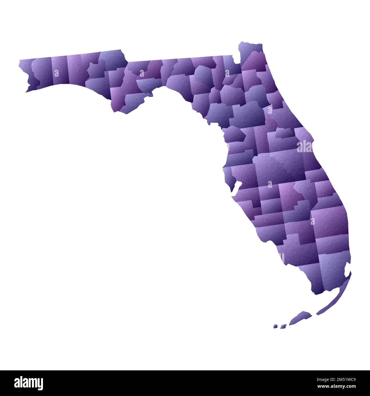 Mappa della Florida. Stile geometrico contorno dello stato degli Stati Uniti con le contee. Illustrazione vettoriale viola artistica. Illustrazione Vettoriale