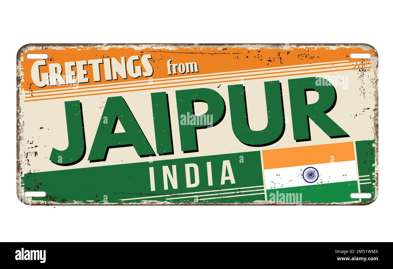 Saluti da Jaipur vintage arrugginito piatto di metallo su uno sfondo bianco, vettore illustrazione Illustrazione Vettoriale