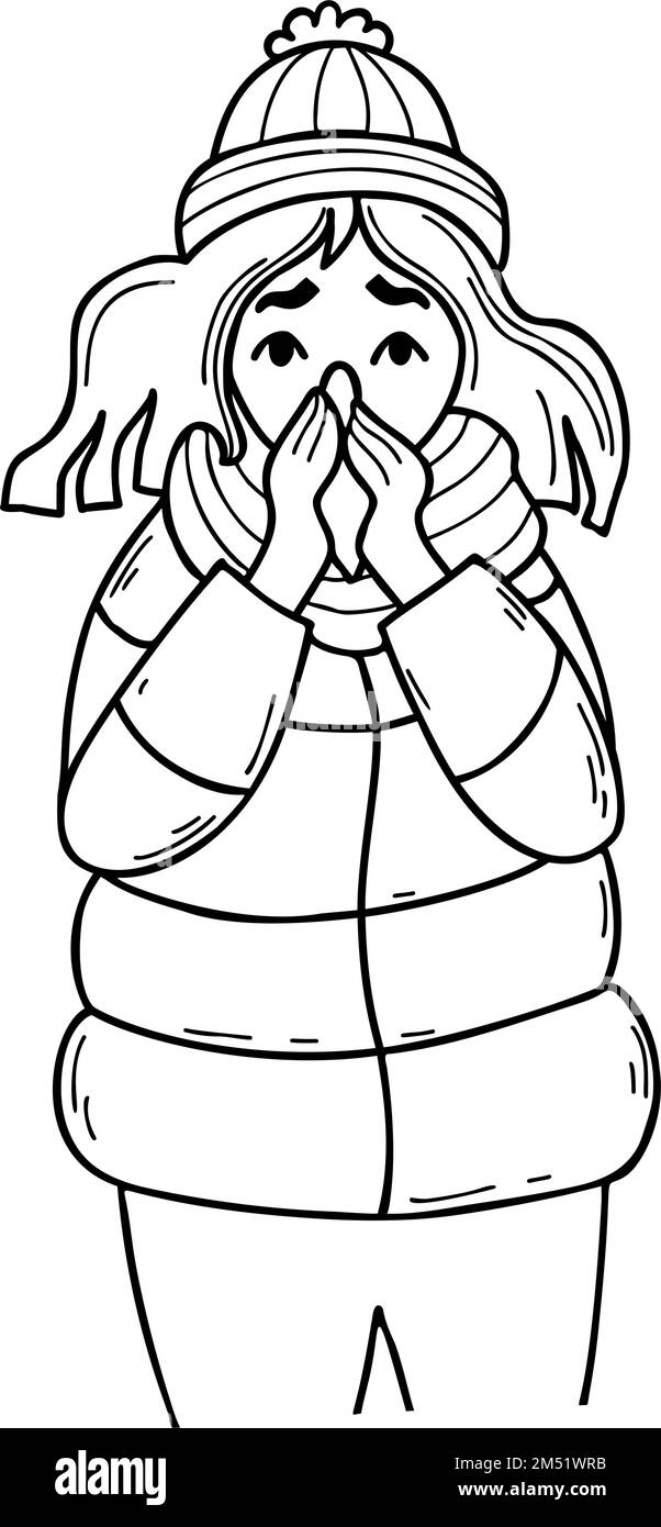 Ragazza malsana nei vestiti di inverno è congelata e si asciuga il naso con fazzoletto. Stagione di malattia e freddo. Illustrazione vettoriale. scarabocchio lineare. Uscita Illustrazione Vettoriale