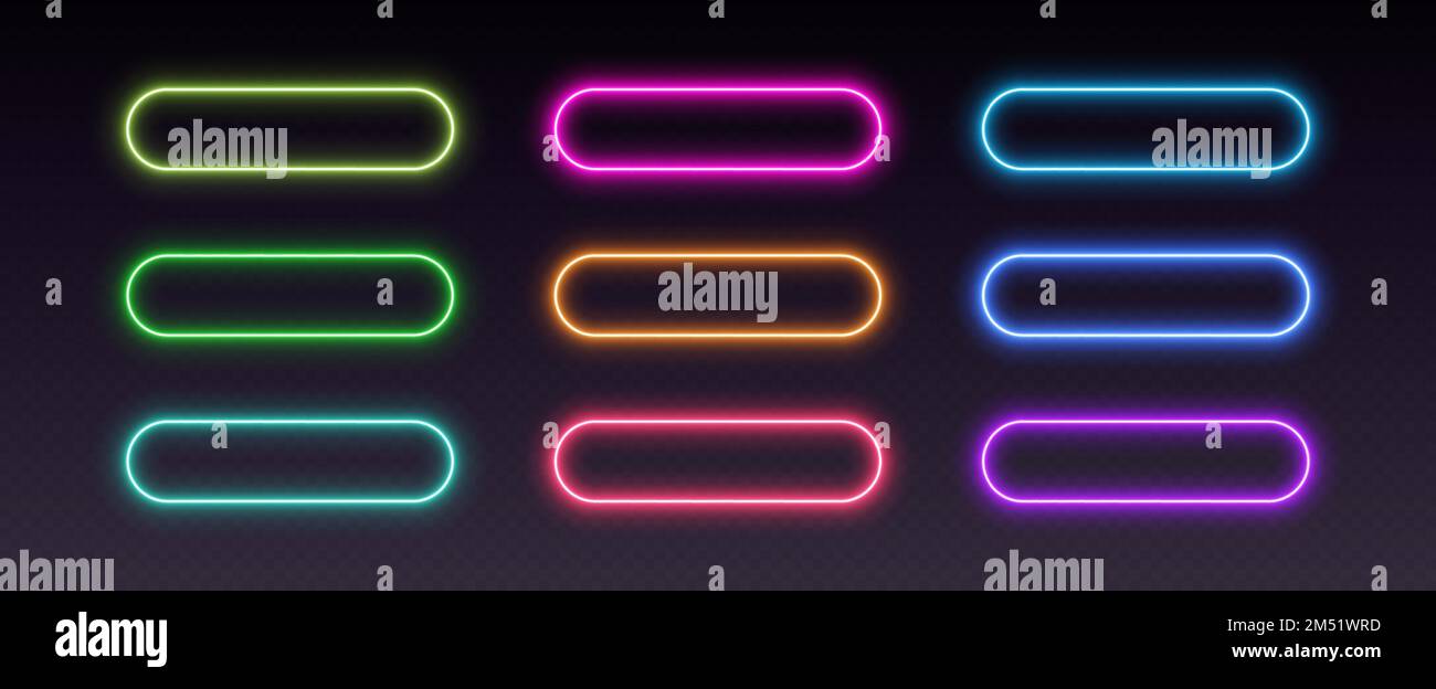Riquadri pulsante neon, bordi incandescenti sfumati, elementi UI isolati. Pulsanti d'azione futuristici arrotondati. Illustrazione Vettoriale