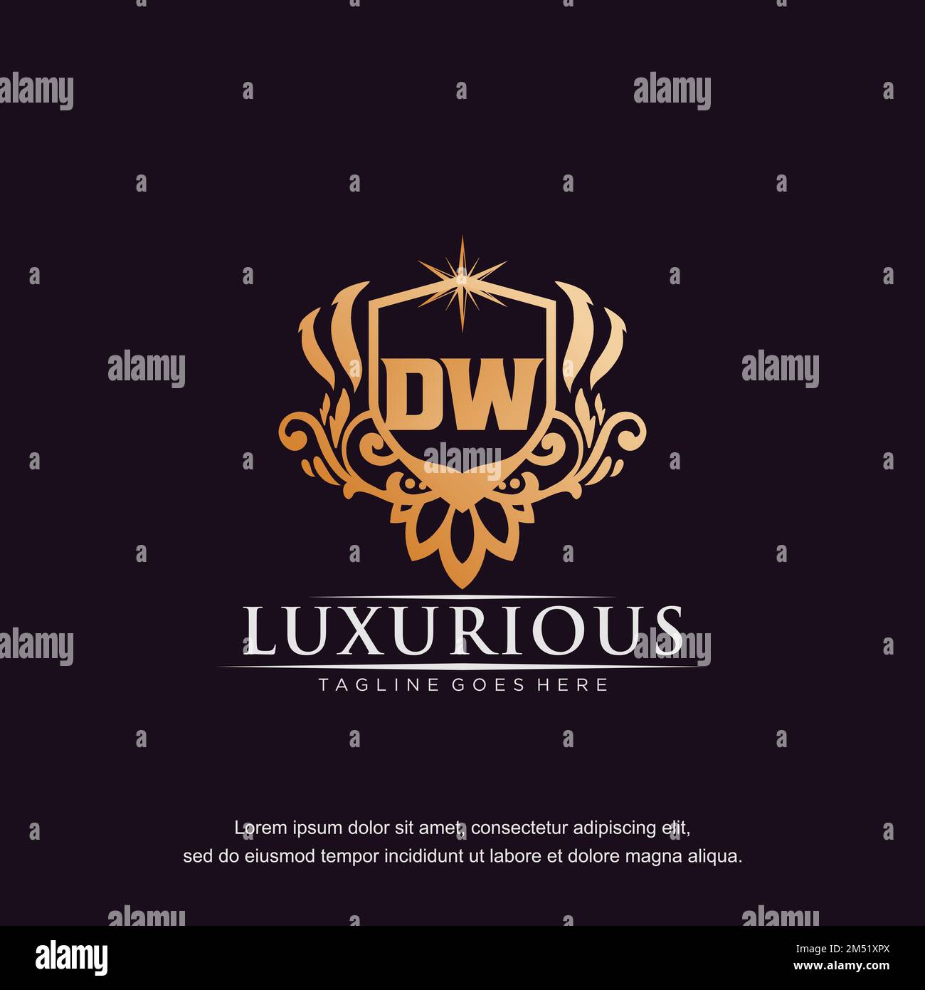 DW lettera iniziale lusso ornamento oro monogramma logo vettore modello. Illustrazione Vettoriale