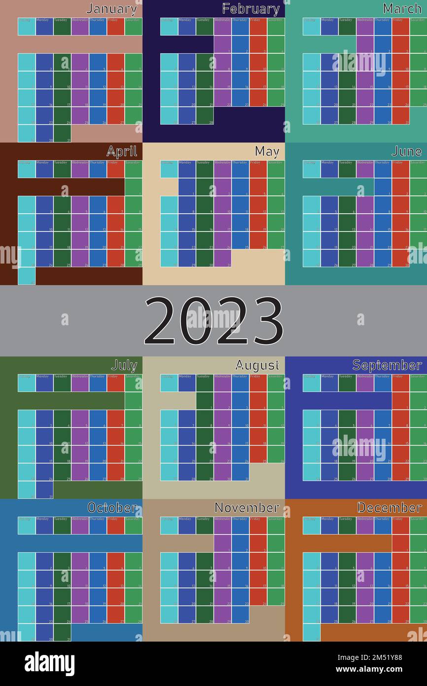 2023 Calendario Planer Nocturne grande spazio modificabile colore giorno feriale e mese Illustrazione Vettoriale