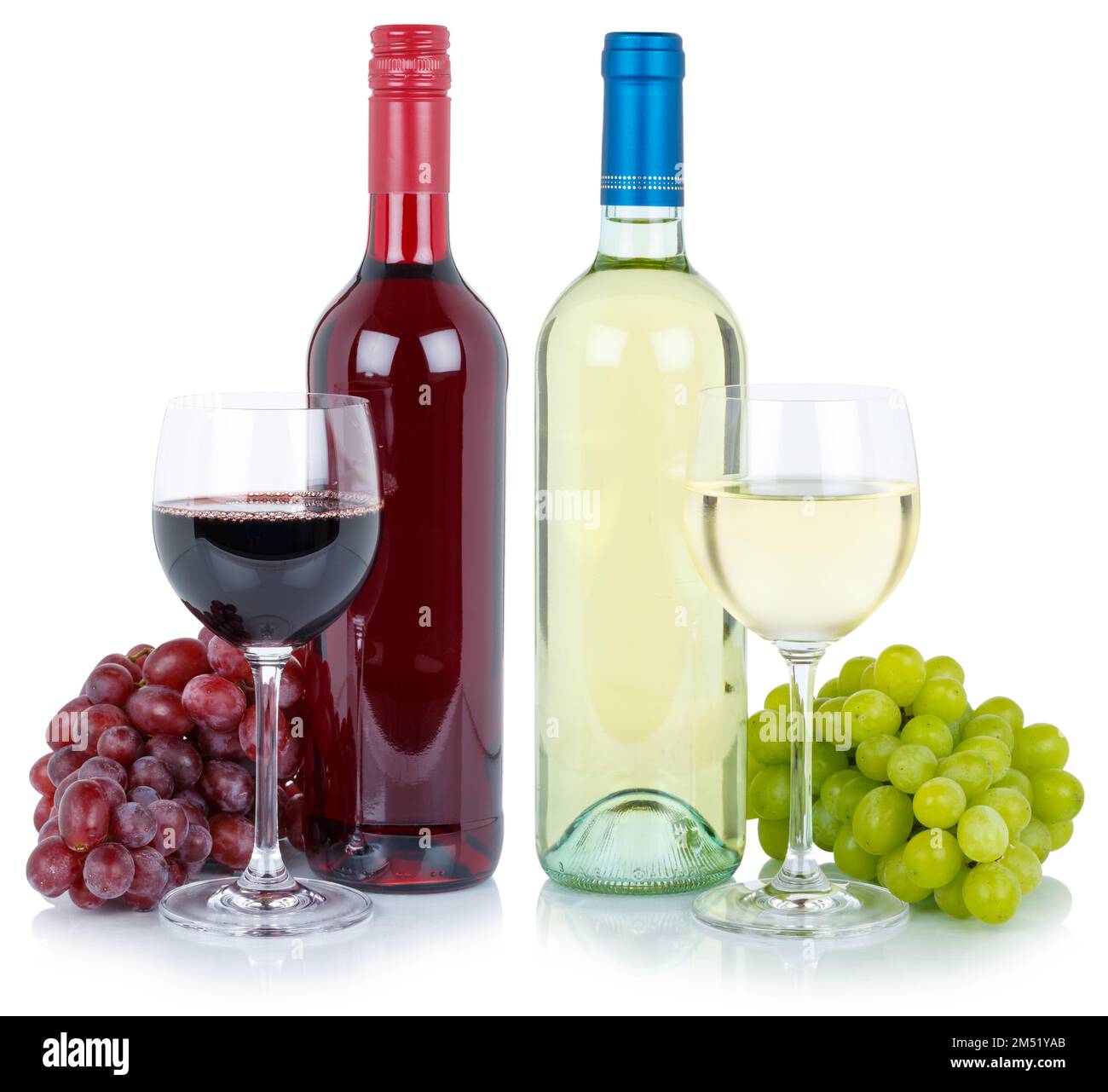 Vini degustazione vini raccolta di uve rosse bianche alcol isolato su fondo bianco Foto Stock