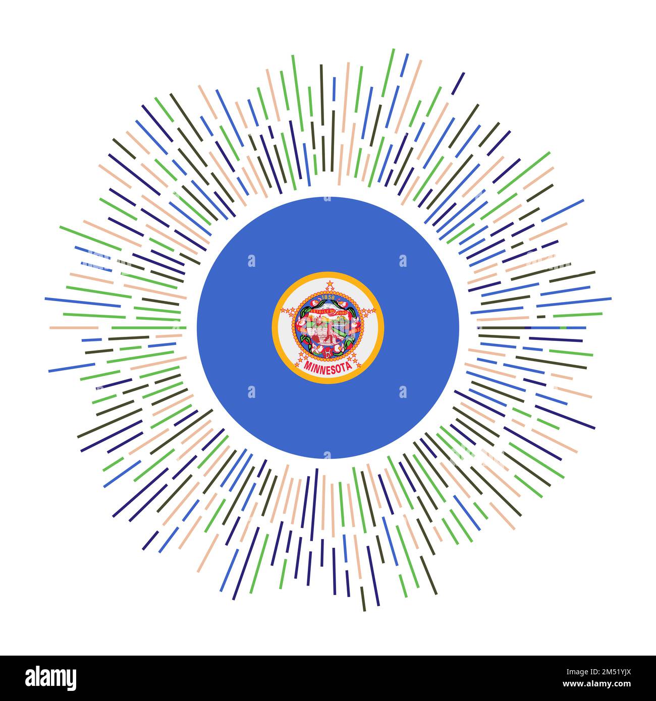 Segno del Minnesota. Bandiera di stato DEGLI STATI UNITI con raggi colorati. Irradiante sole con bandiera Minnesota. Illustrazione vettoriale. Illustrazione Vettoriale
