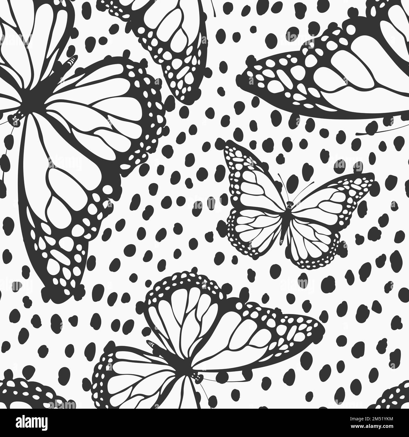 Modello senza cuciture con divertenti farfalle colorate, fiori. Illustrazione vettoriale piatta a colori per inviti, poster, biglietti, tessuti, tessuti. Farfalla Illustrazione Vettoriale