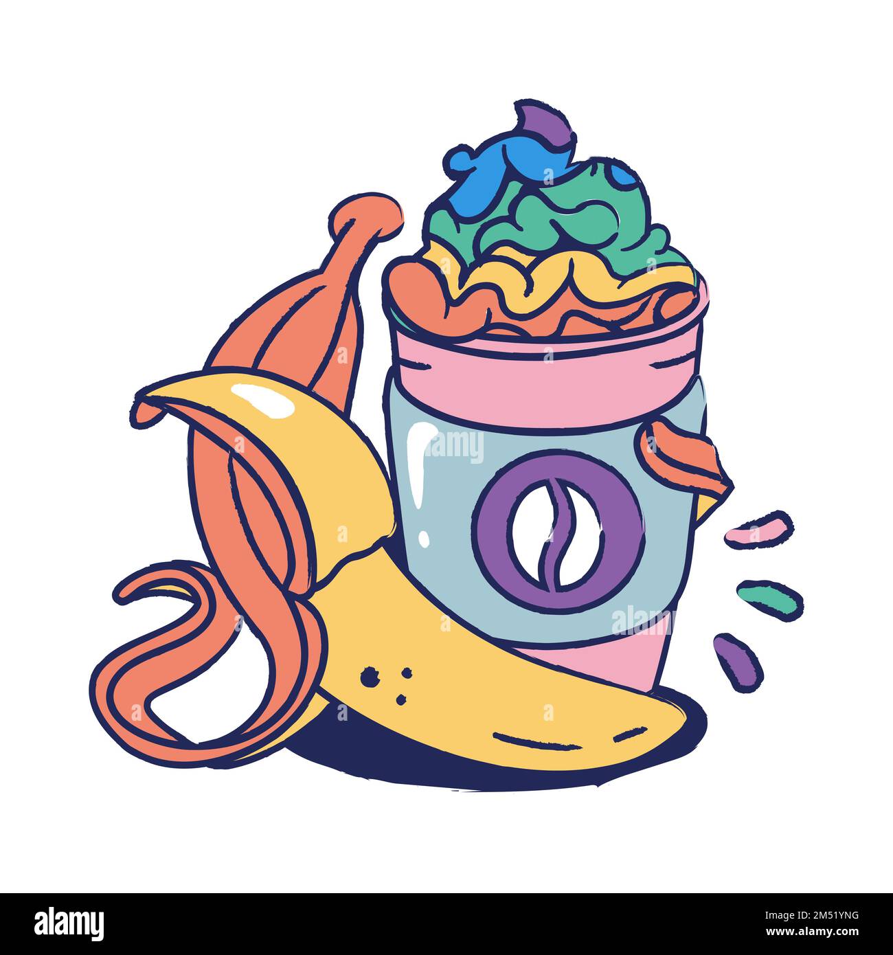 caffè e banana trafilati a mano in vettore Illustrazione Vettoriale