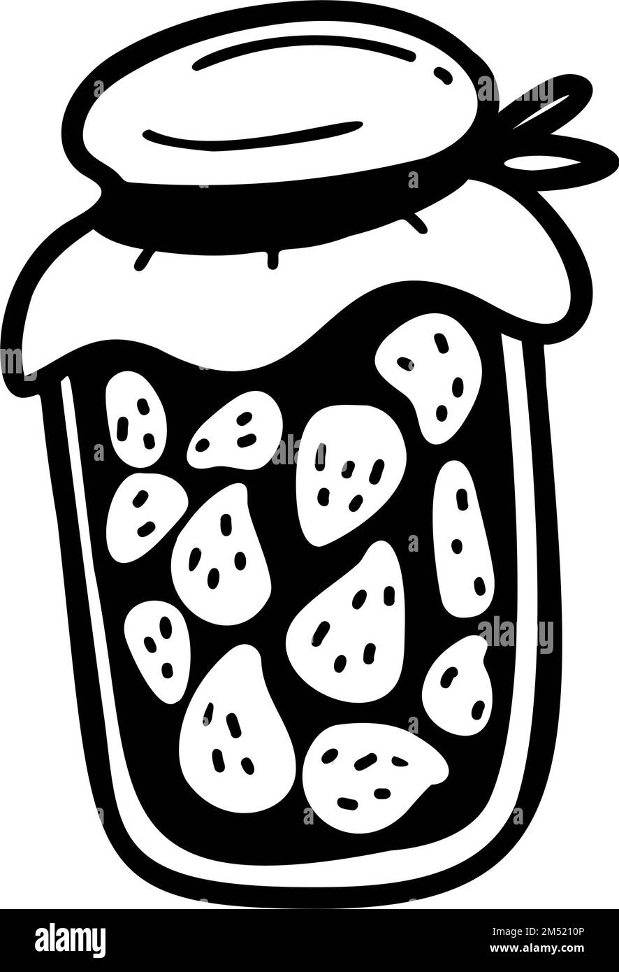 vasetto di confettura di fragole. Cibo in scatola fatto in casa. Mano vettore disegno doodle Illustrazione Vettoriale