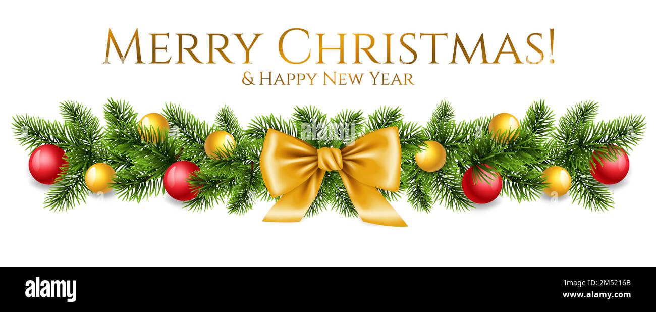 Felice anno nuovo segno, albero di Natale rami decorati con arco d'oro e palle di Natale isolato su bianco. Intestazione festiva per il sito web, vettore Illustrazione Vettoriale
