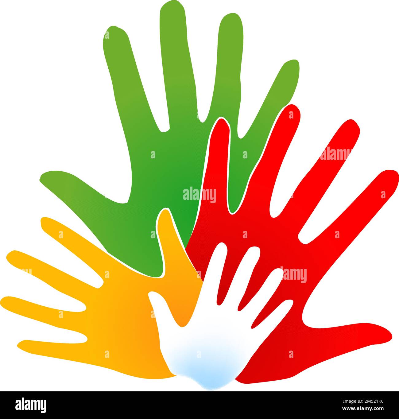 Mani umane, palme aperte. Modello di logo del concetto della comunità internazionale. Amicizia di popoli da mani multicolore su sfondo bianco Illustrazione Vettoriale